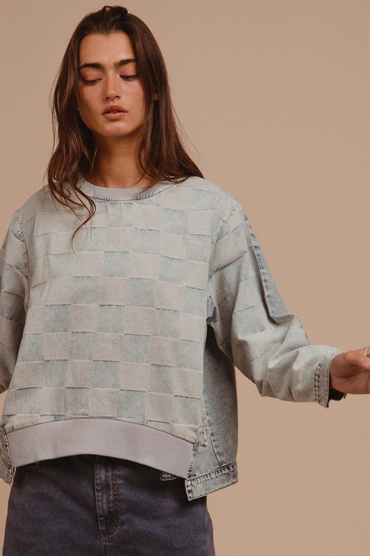 Mineral Washed Checkered Round Neck Denim Top