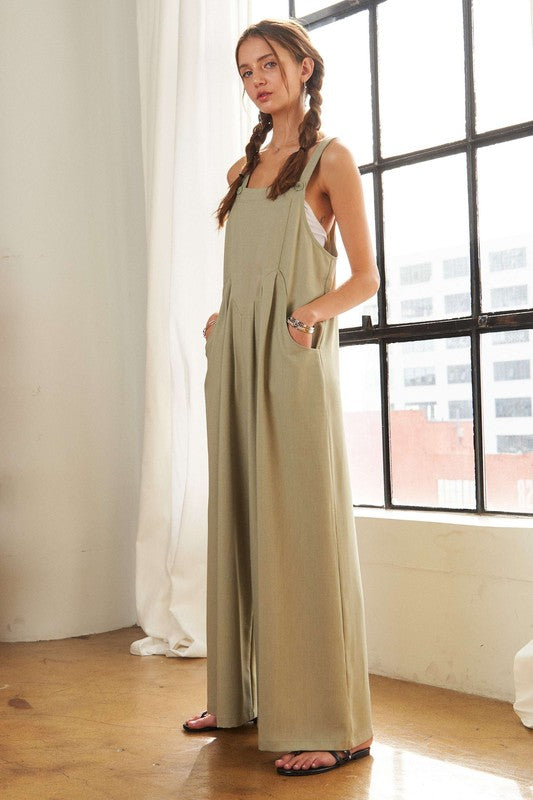 Square Neck Wide Leg Overalls with Pockets