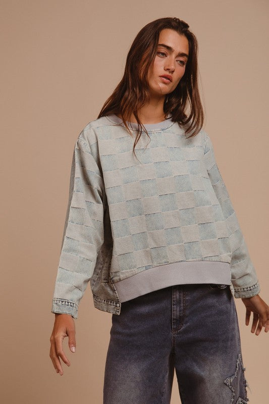 Mineral Washed Checkered Round Neck Denim Top