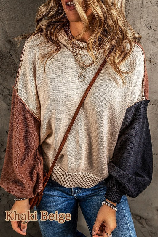 Color block cotton knit sweater cropped balloon see