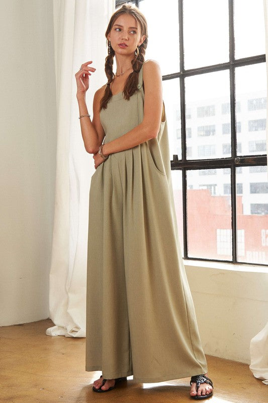 Square Neck Wide Leg Overalls with Pockets
