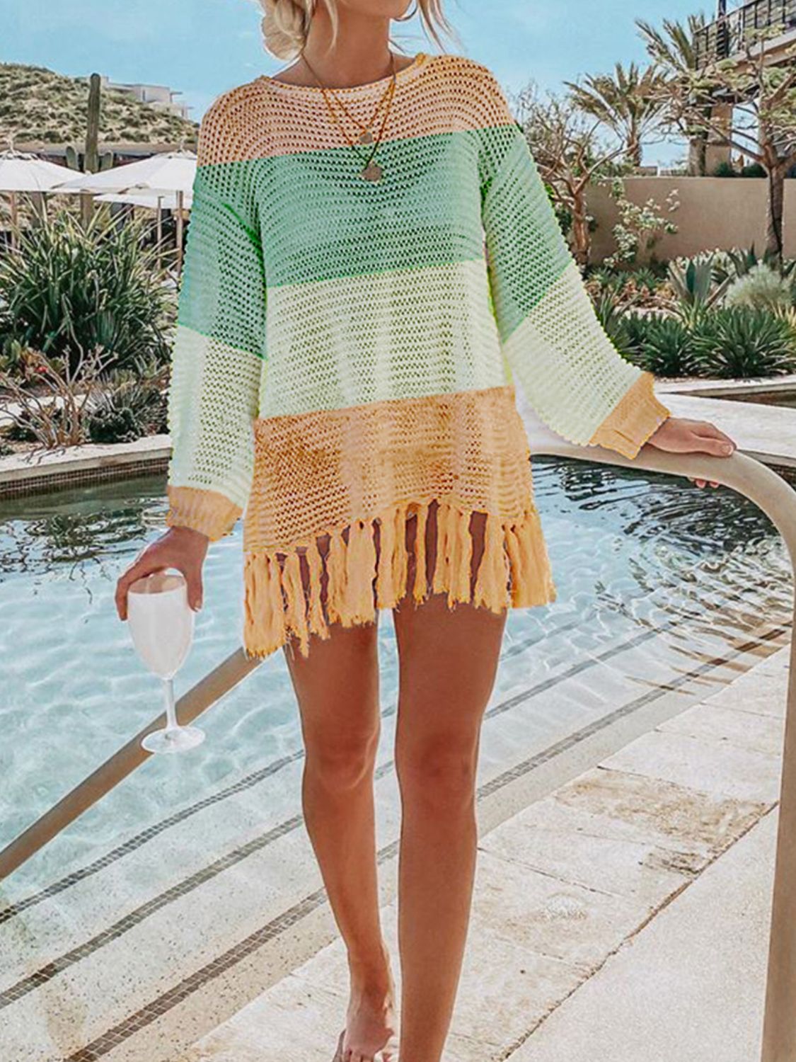 Tassel Hem Long Sleeve Knit Cover Up