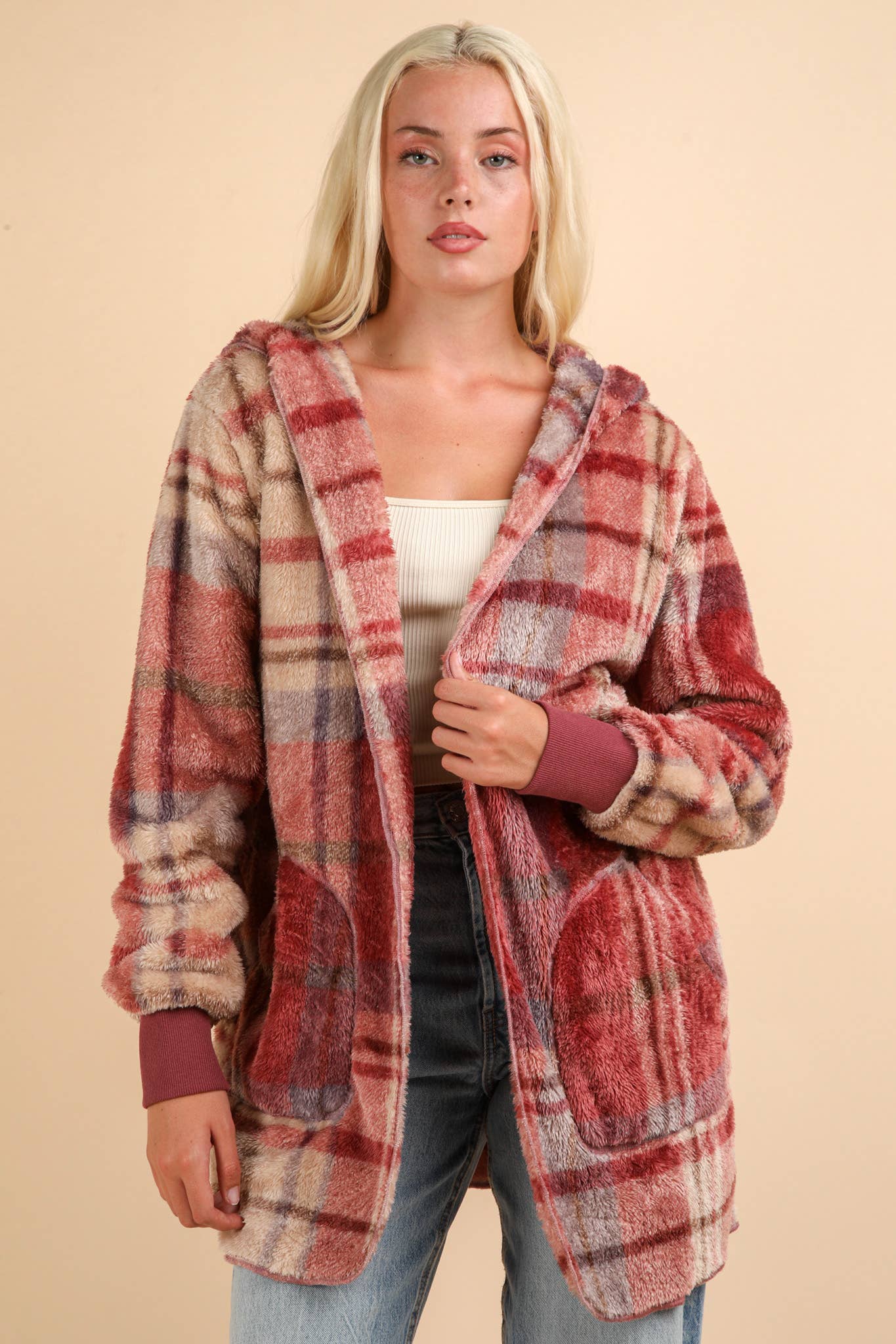 Oversized Faux Fur Tunic Hooded Printed Jacket