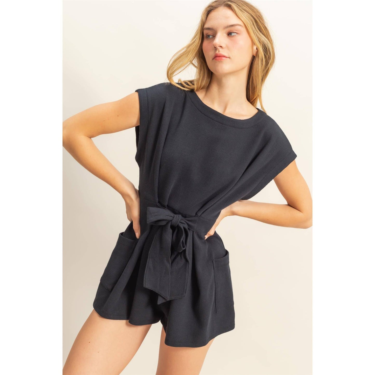 Tie-Front Waffle Knitted Romper