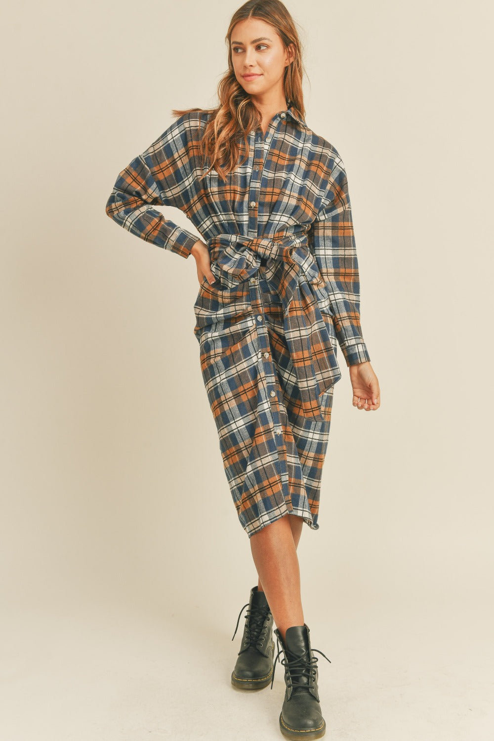 Flannel Front Tie Button Down Shirt Dress
