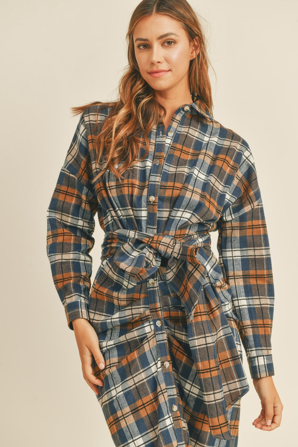 Flannel Front Tie Button Down Shirt Dress