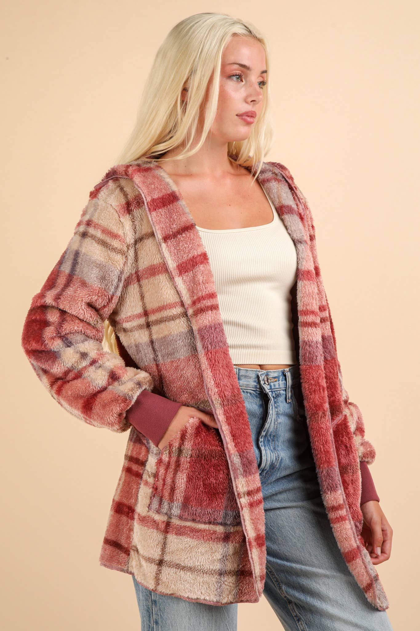 Oversized Faux Fur Tunic Hooded Printed Jacket