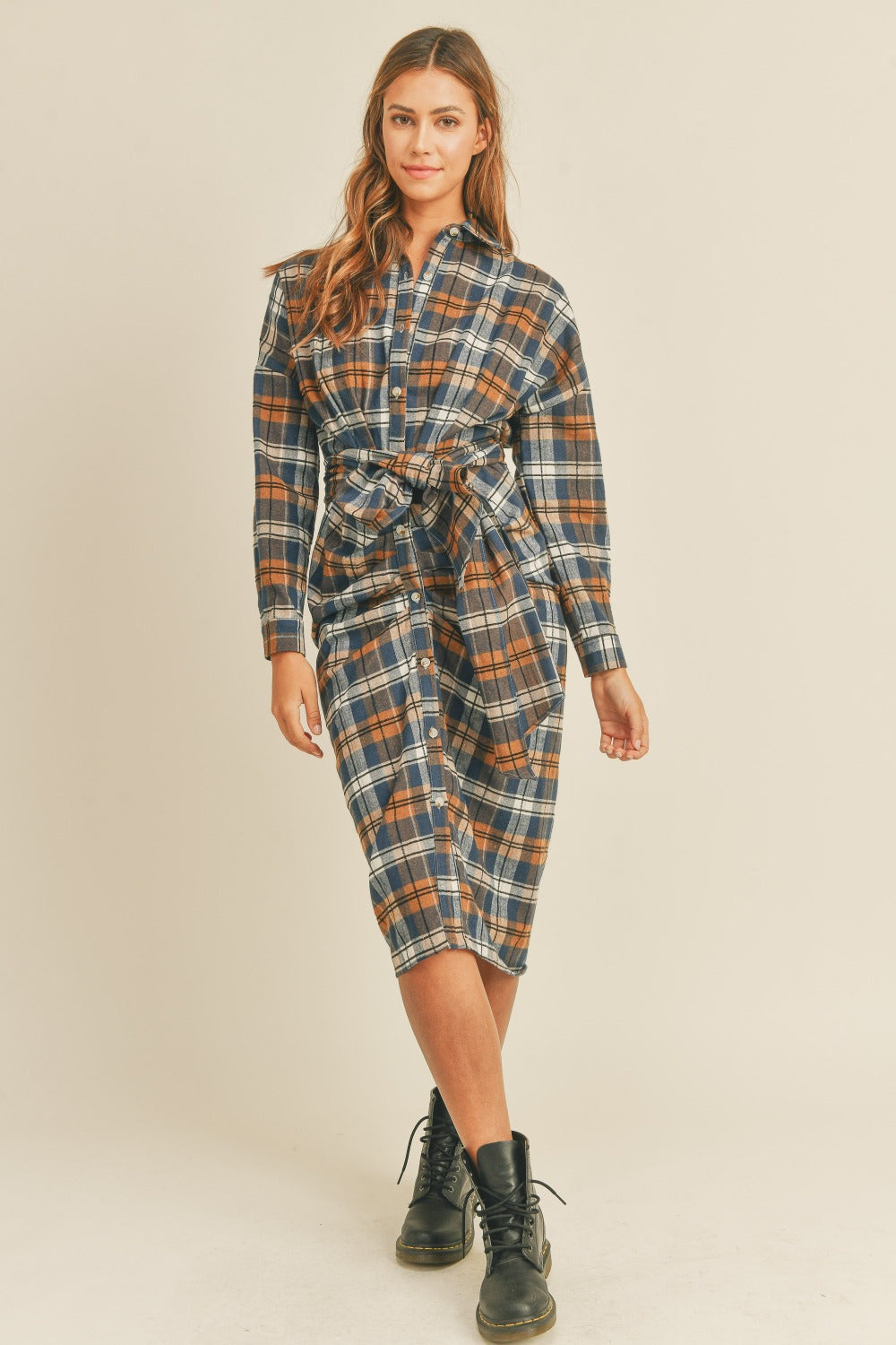 Flannel Front Tie Button Down Shirt Dress
