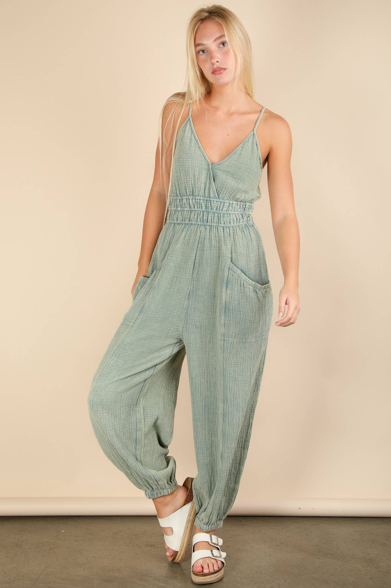 Mineral Washed Cotton Gauze Casual Jumpsuit