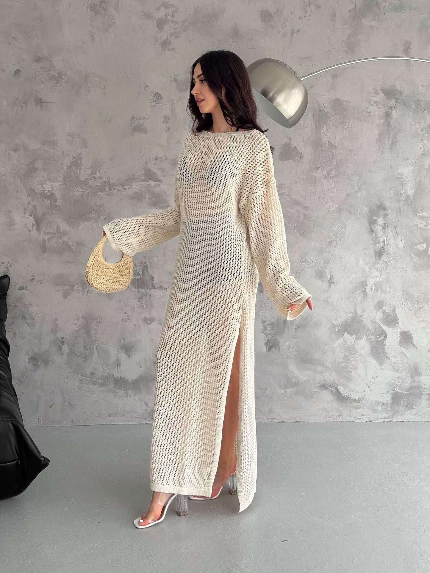 Hallow Knit Maxi Dress Long Cover-Up Resort Dress