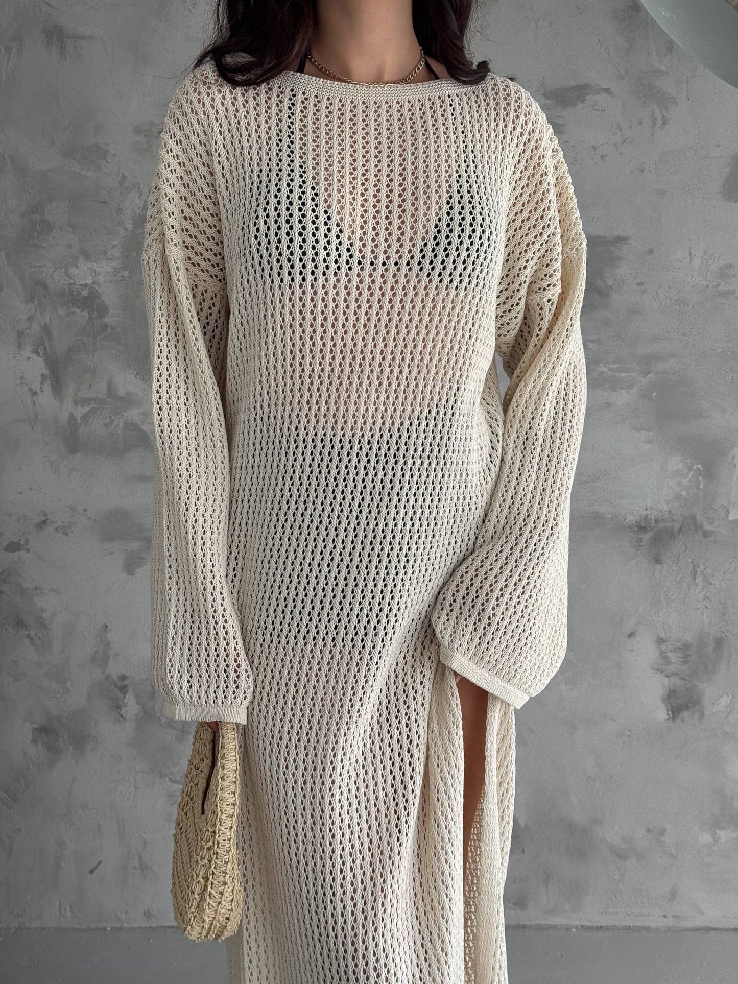 Hallow Knit Maxi Dress Long Cover-Up Resort Dress