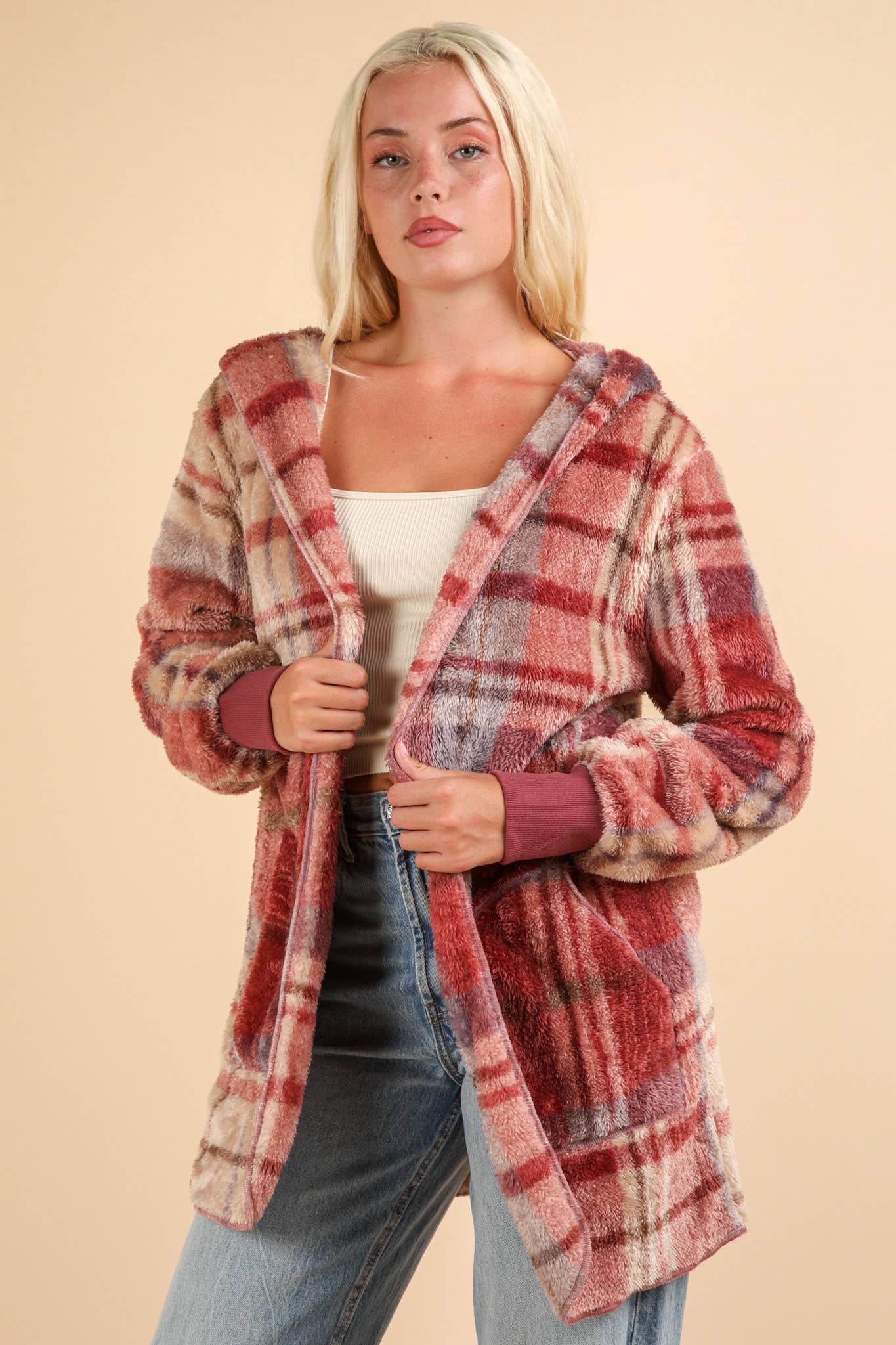 Oversized Faux Fur Tunic Hooded Printed Jacket