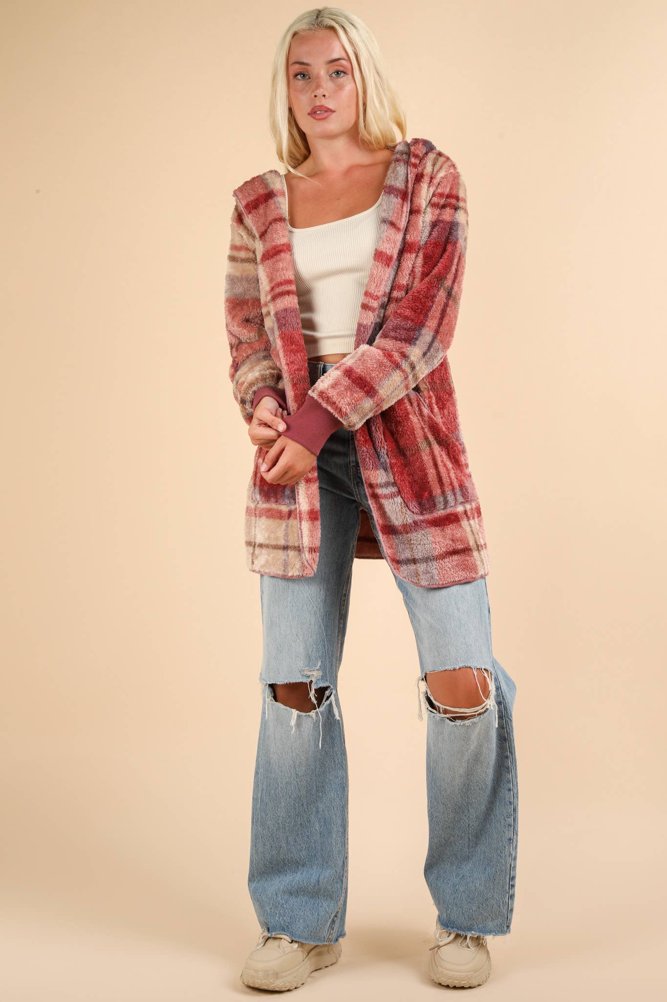 Oversized Faux Fur Tunic Hooded Printed Jacket