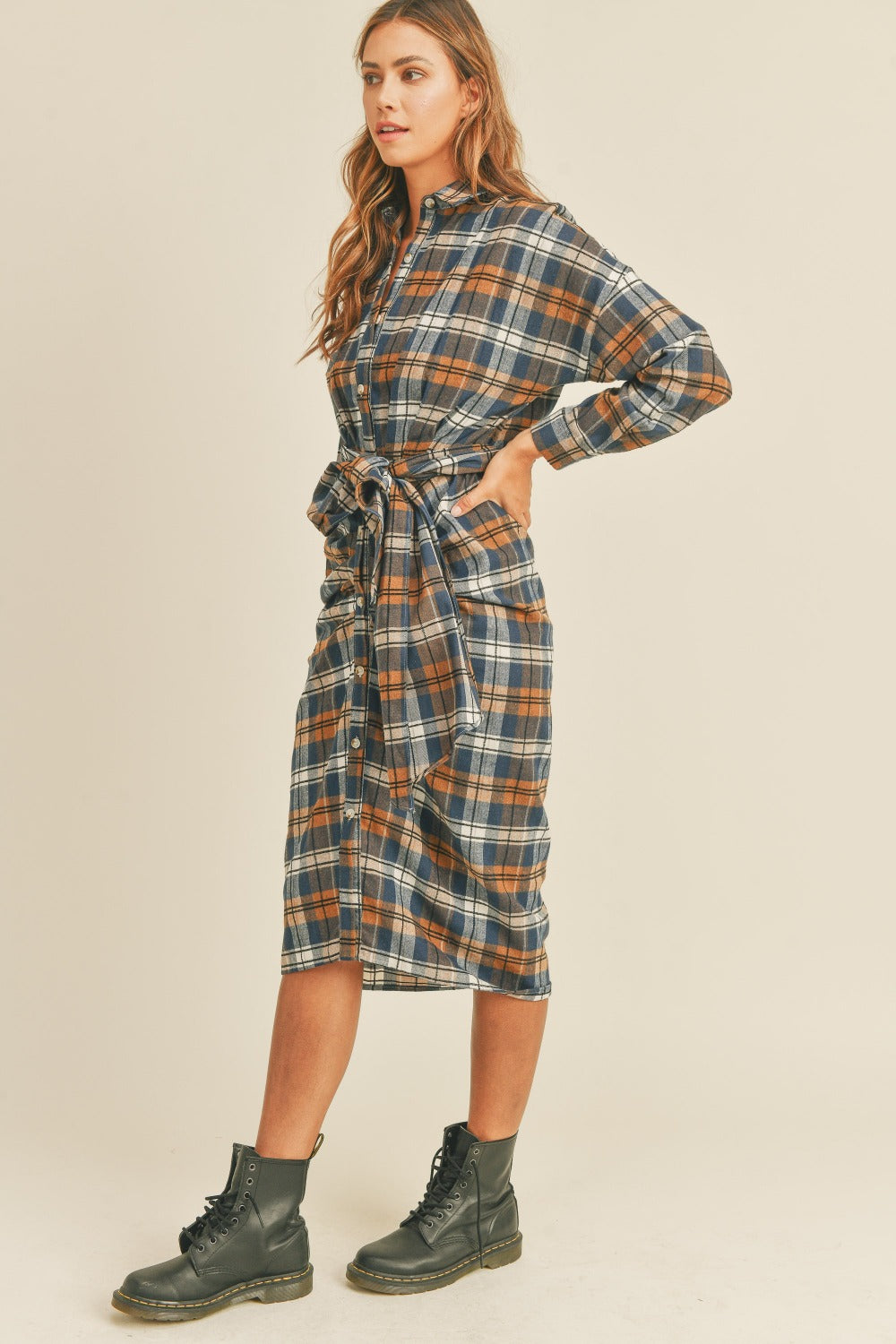 Flannel Front Tie Button Down Shirt Dress