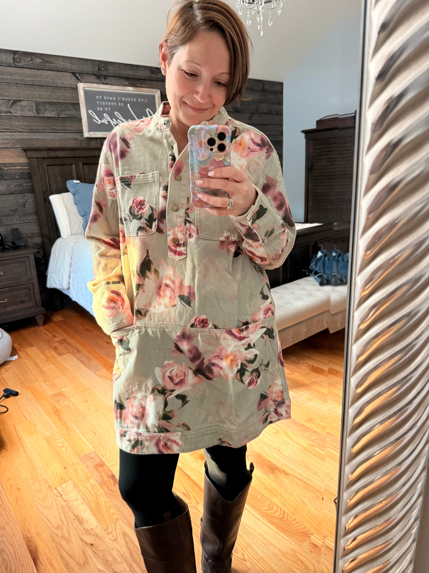 Floral Denim Pullover Mini Dress