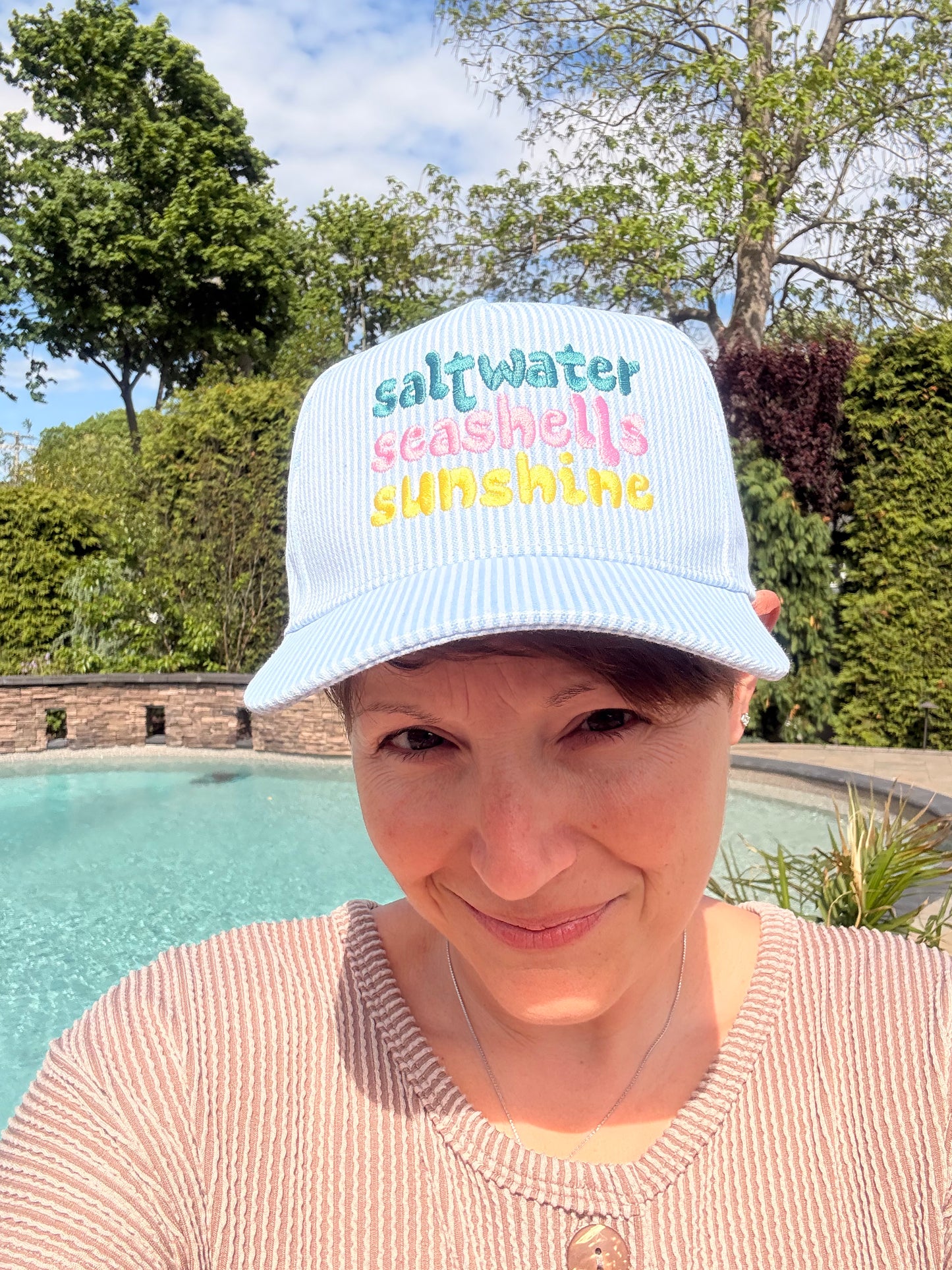 Saltwater Seashells Sunshine Embroidered Seersucker Hat