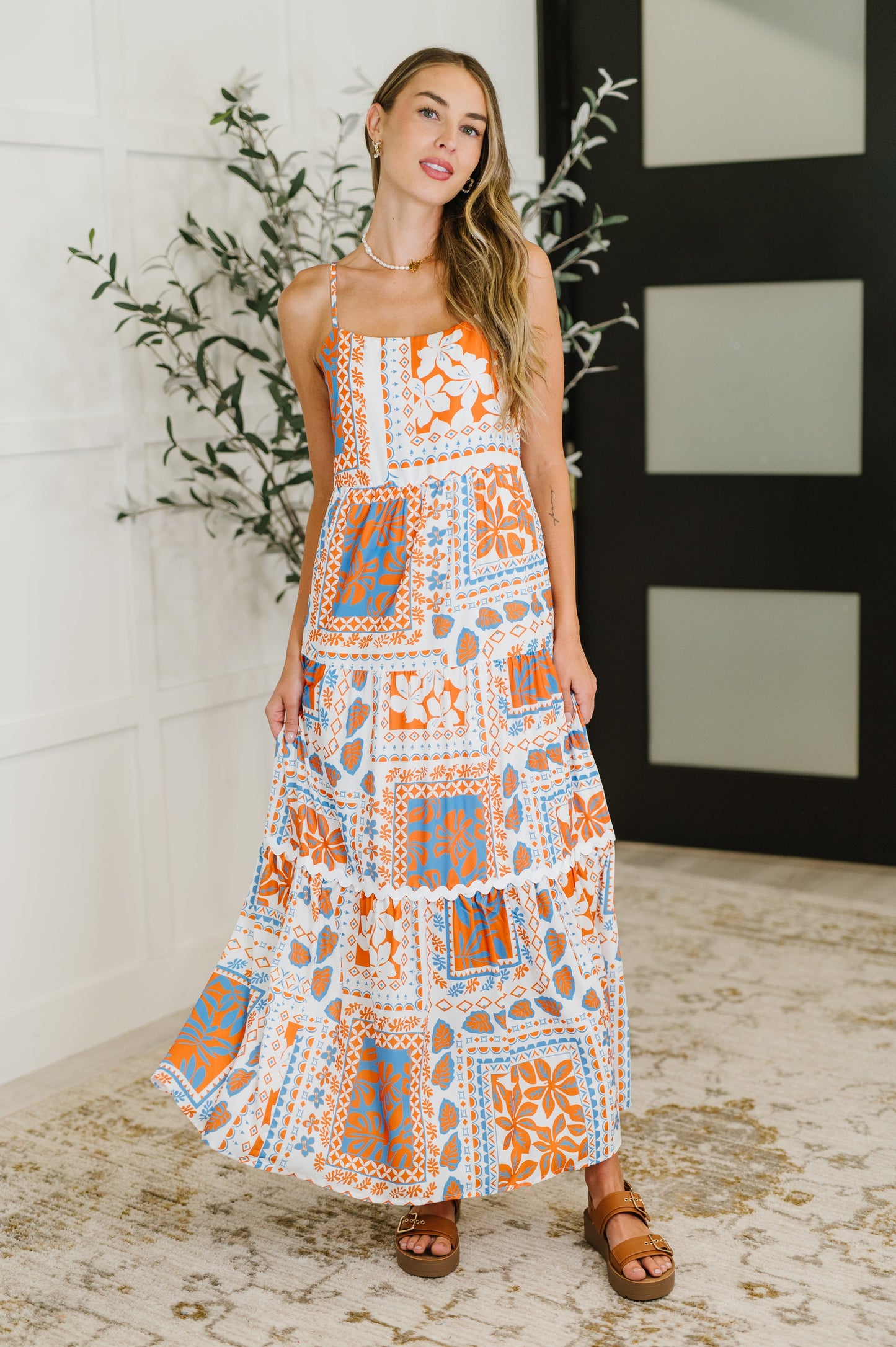 Square Neck Contrast Detail Dress in Orange