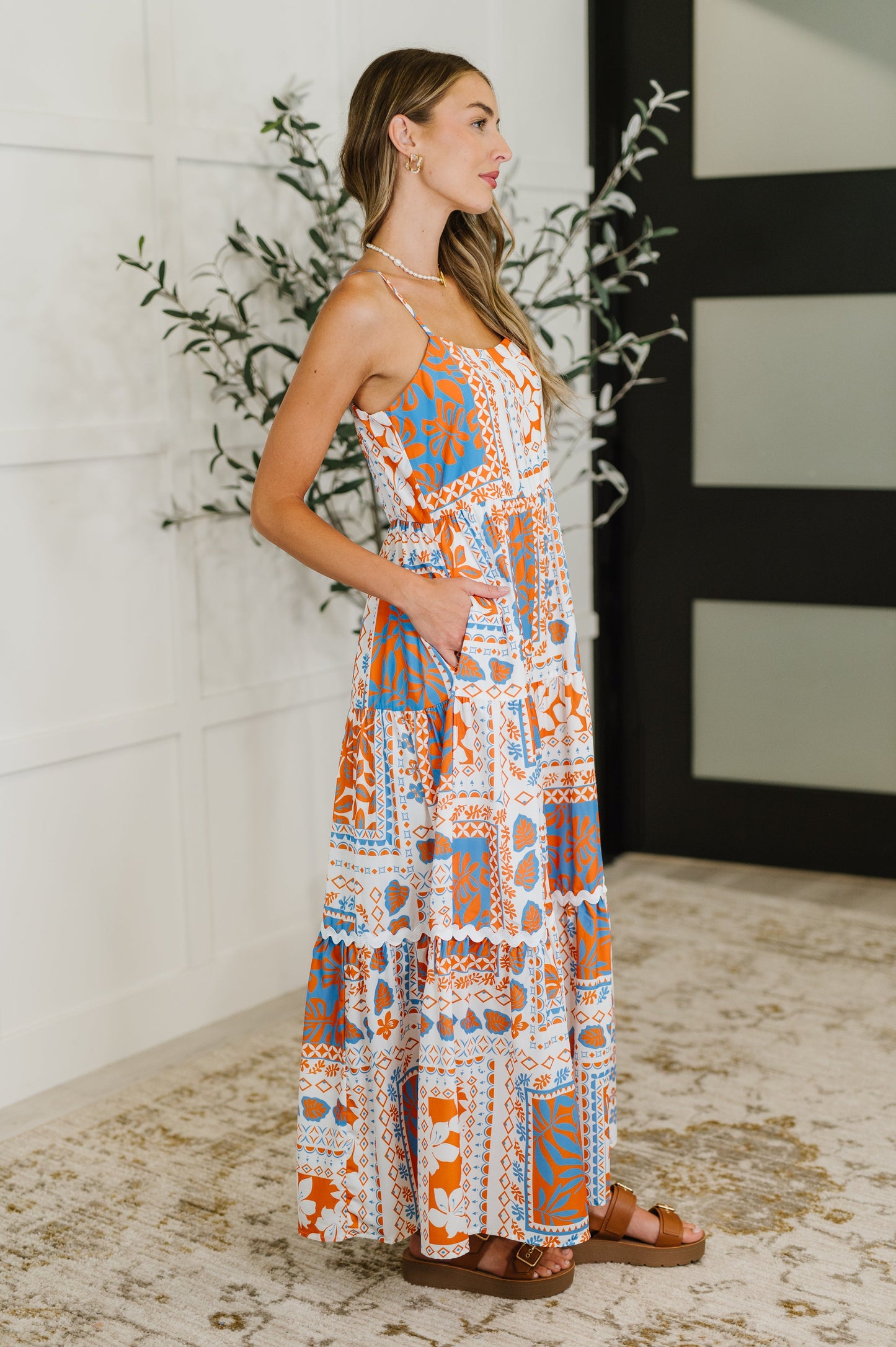 Square Neck Contrast Detail Dress in Orange