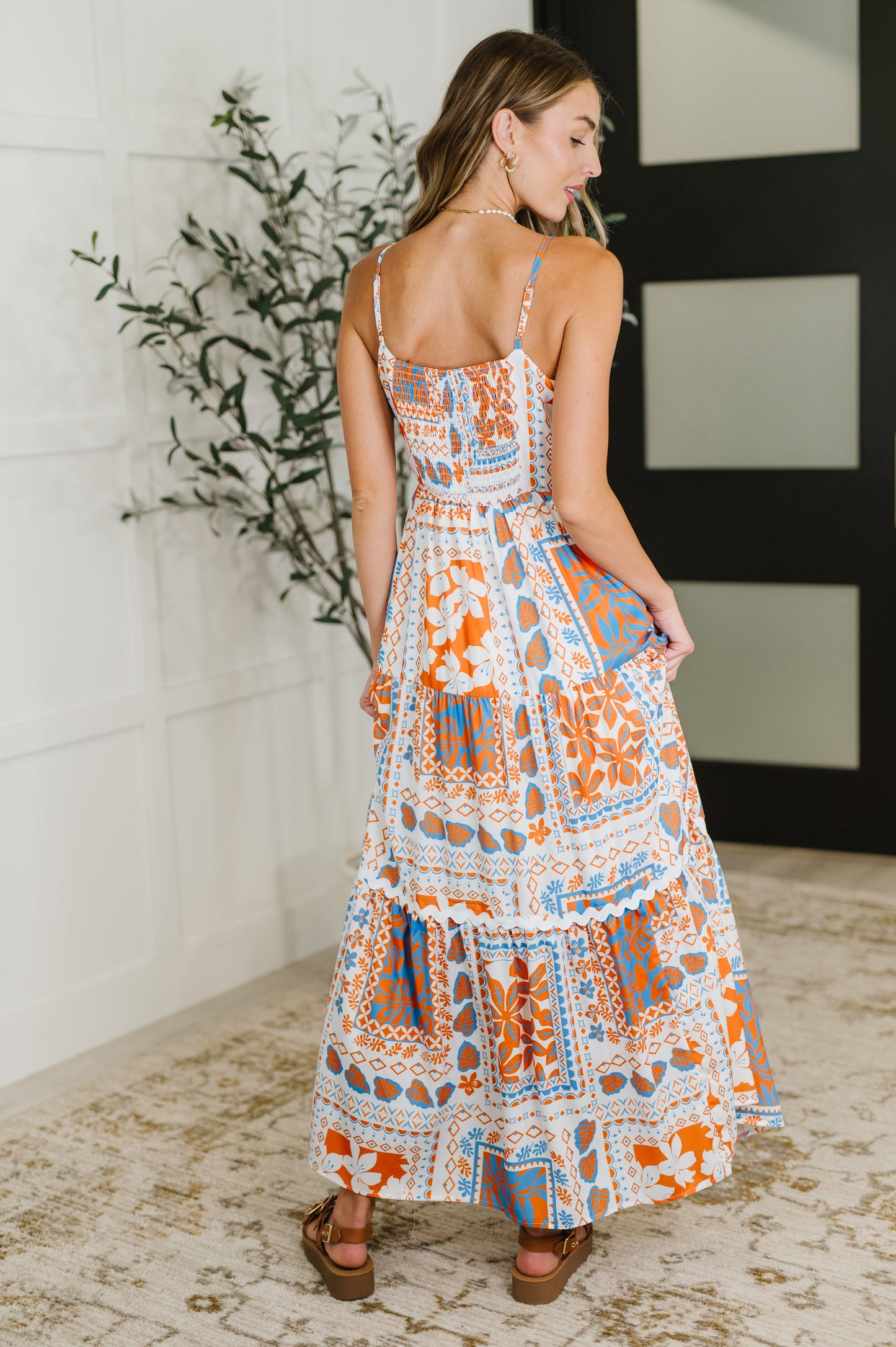 Square Neck Contrast Detail Dress in Orange