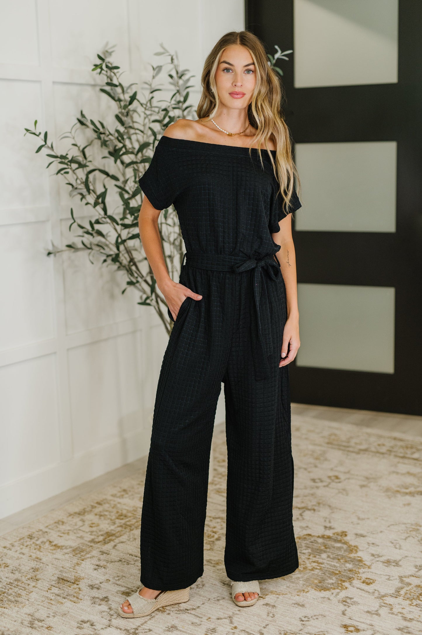 Textured Knit Jumpsuit in Black