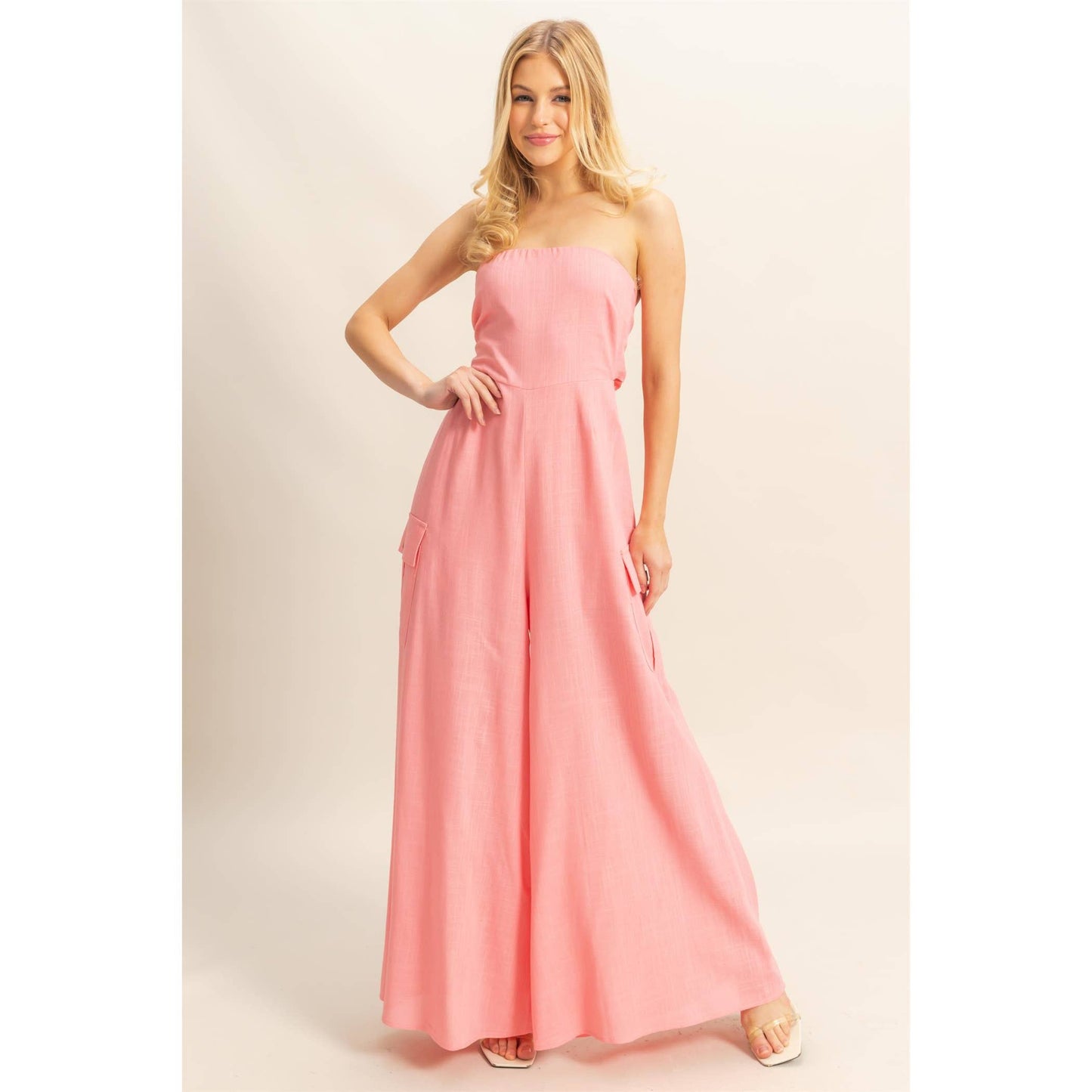 Strapless Cargo Style Tube Top Jumpsuit