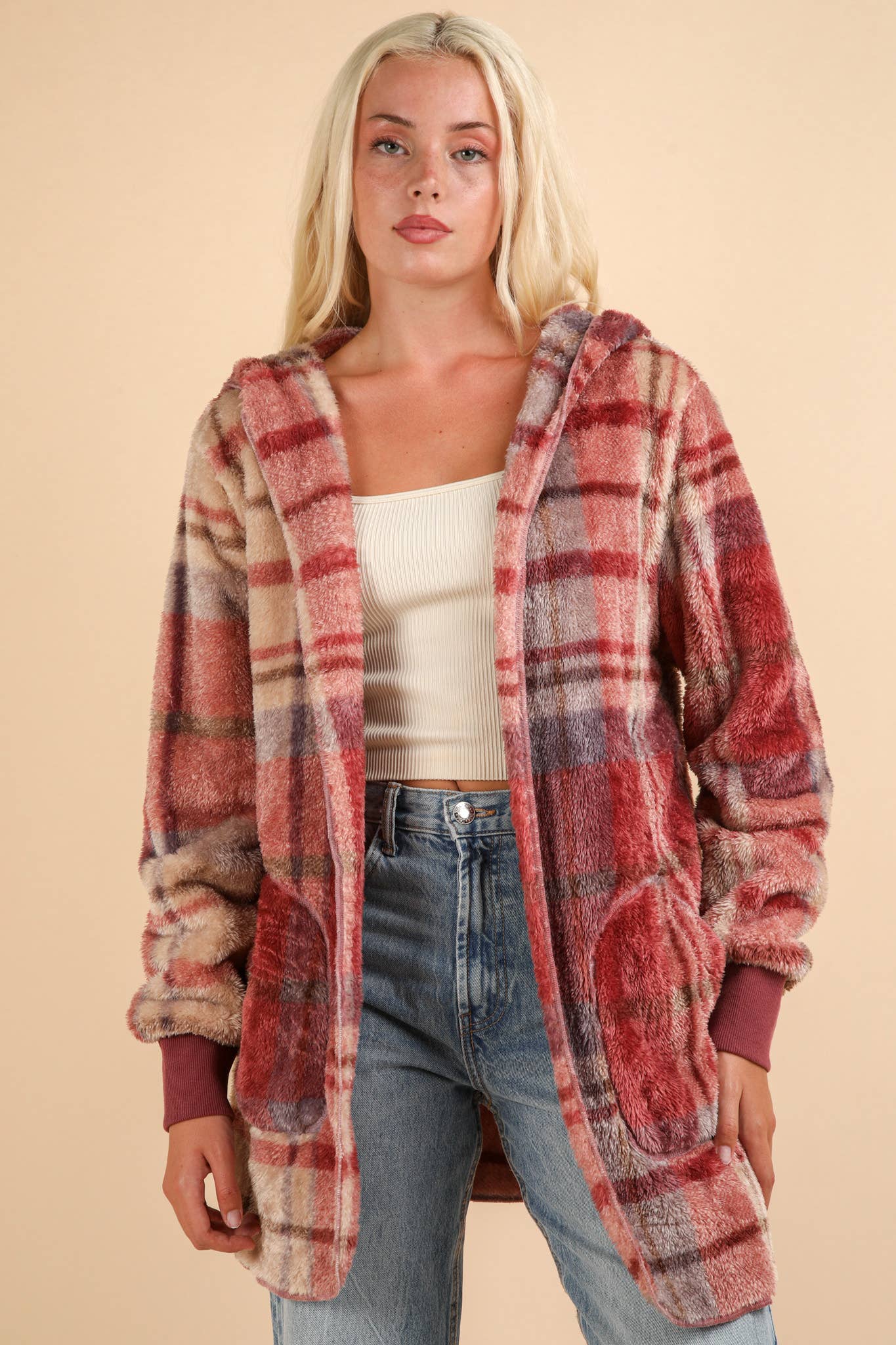 Oversized Faux Fur Tunic Hooded Printed Jacket