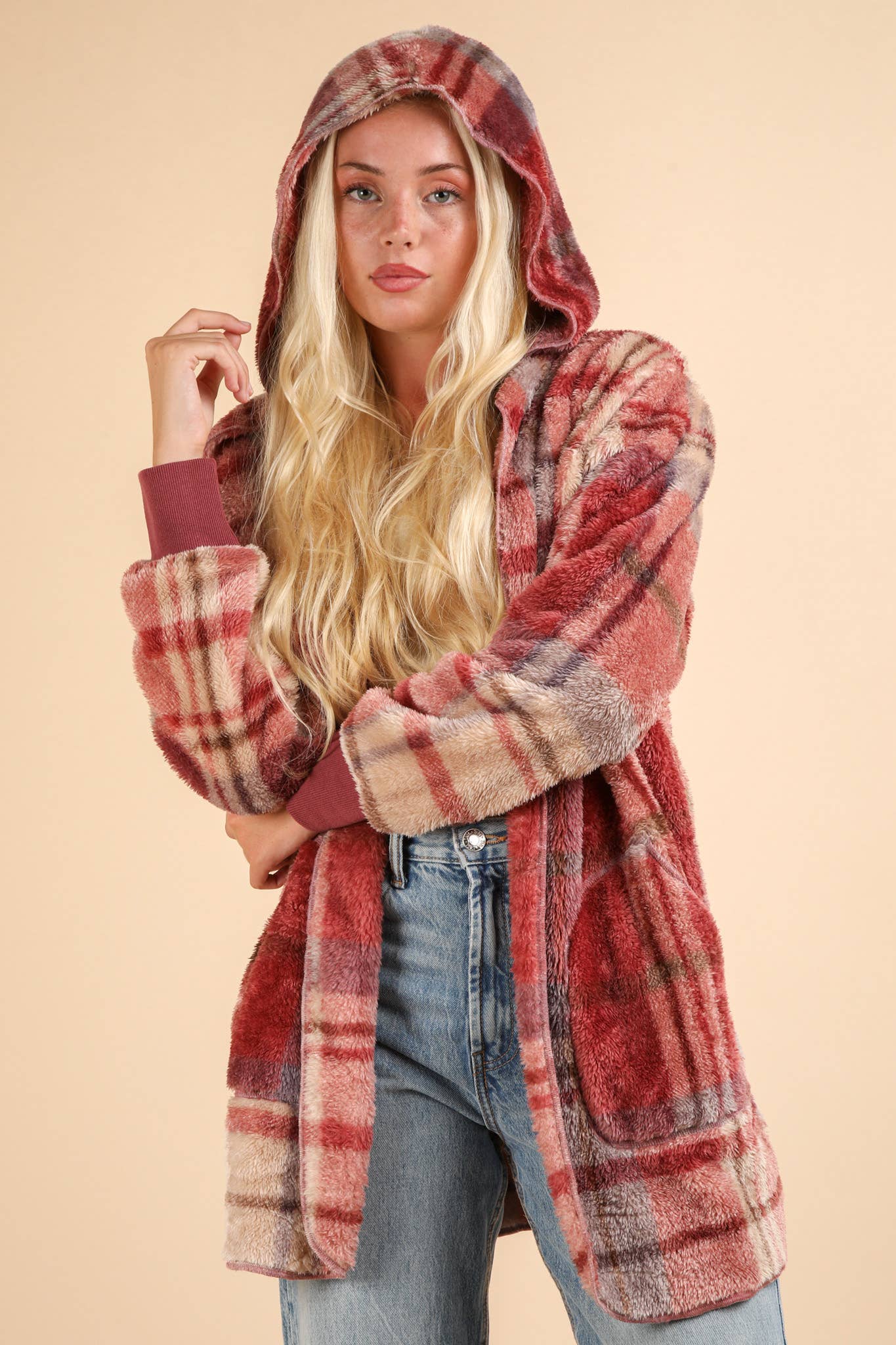 Oversized Faux Fur Tunic Hooded Printed Jacket