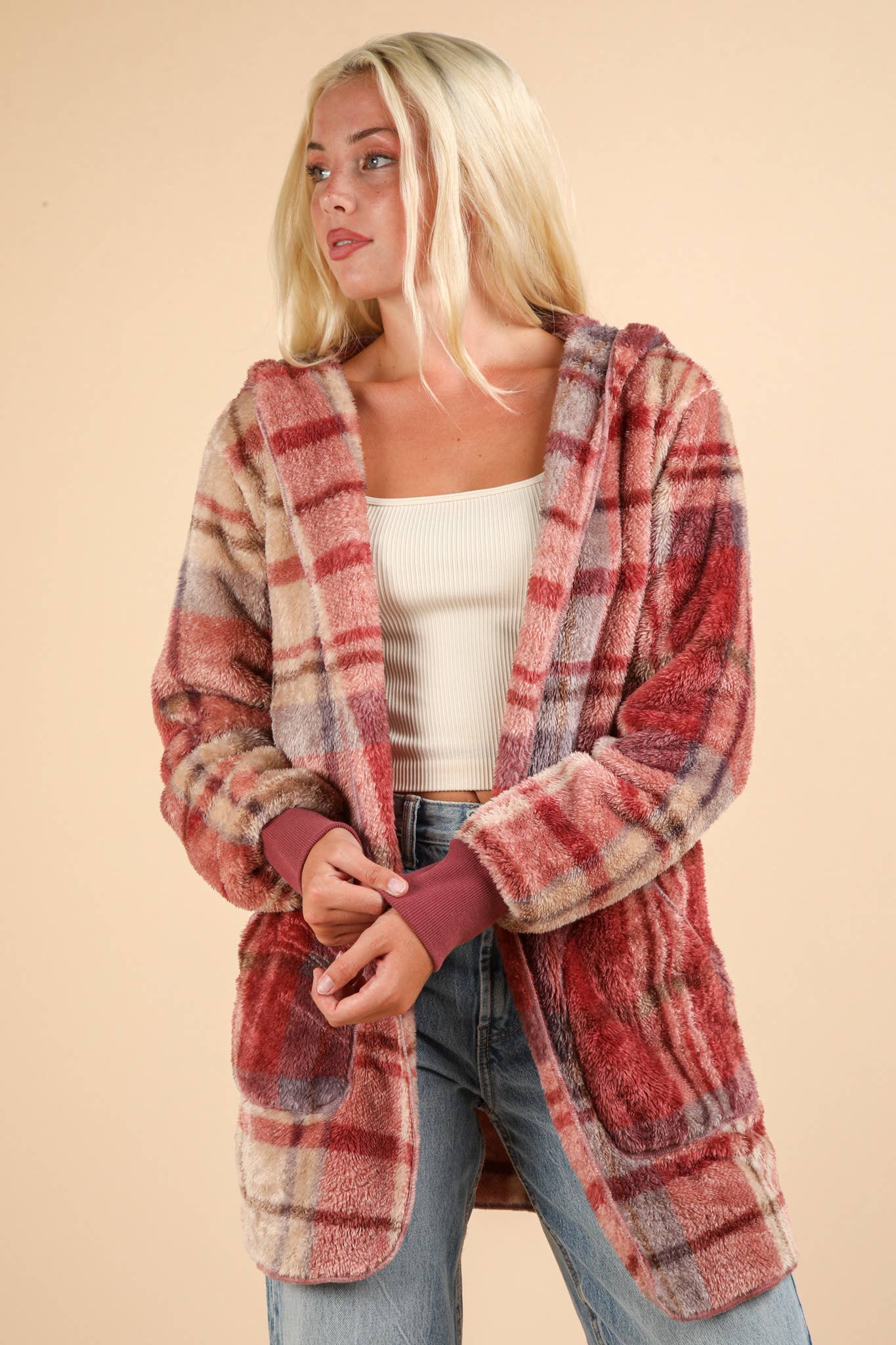 Oversized Faux Fur Tunic Hooded Printed Jacket