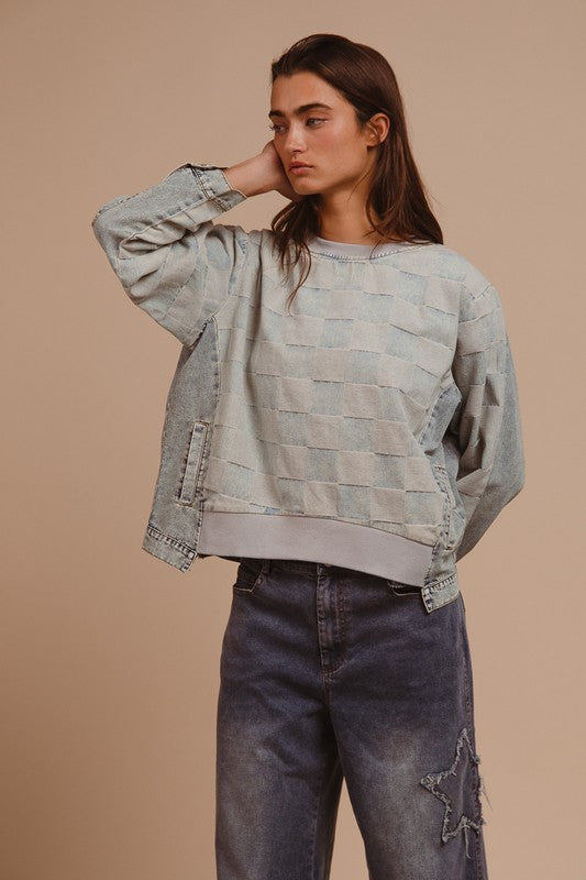Mineral Washed Checkered Round Neck Denim Top