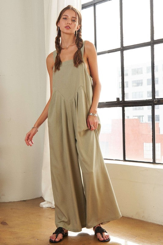 Square Neck Wide Leg Overalls with Pockets