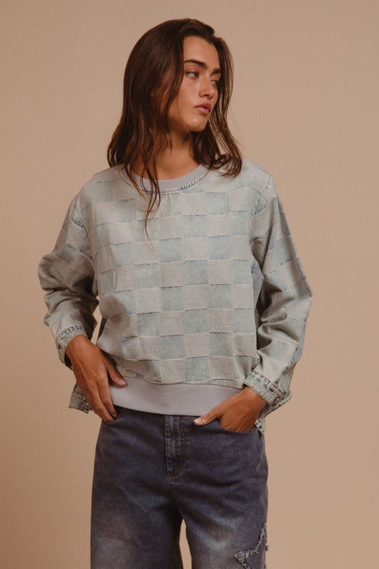 Mineral Washed Checkered Round Neck Denim Top