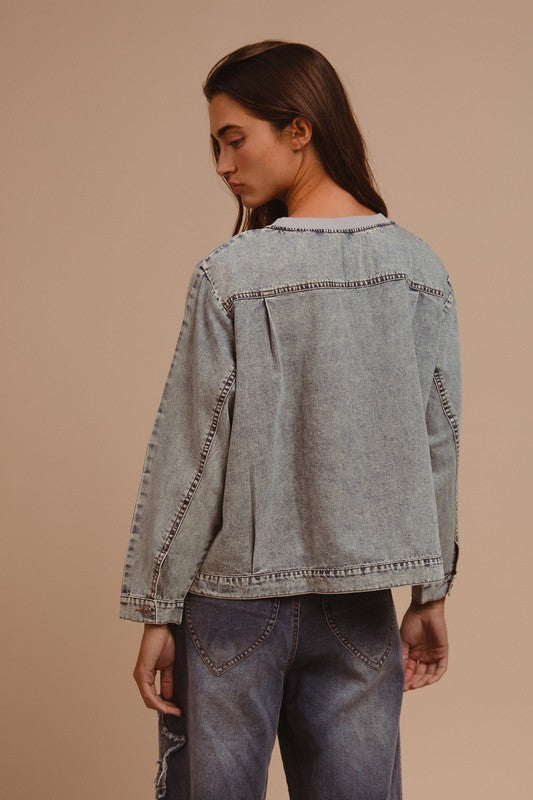 Mineral Washed Checkered Round Neck Denim Top
