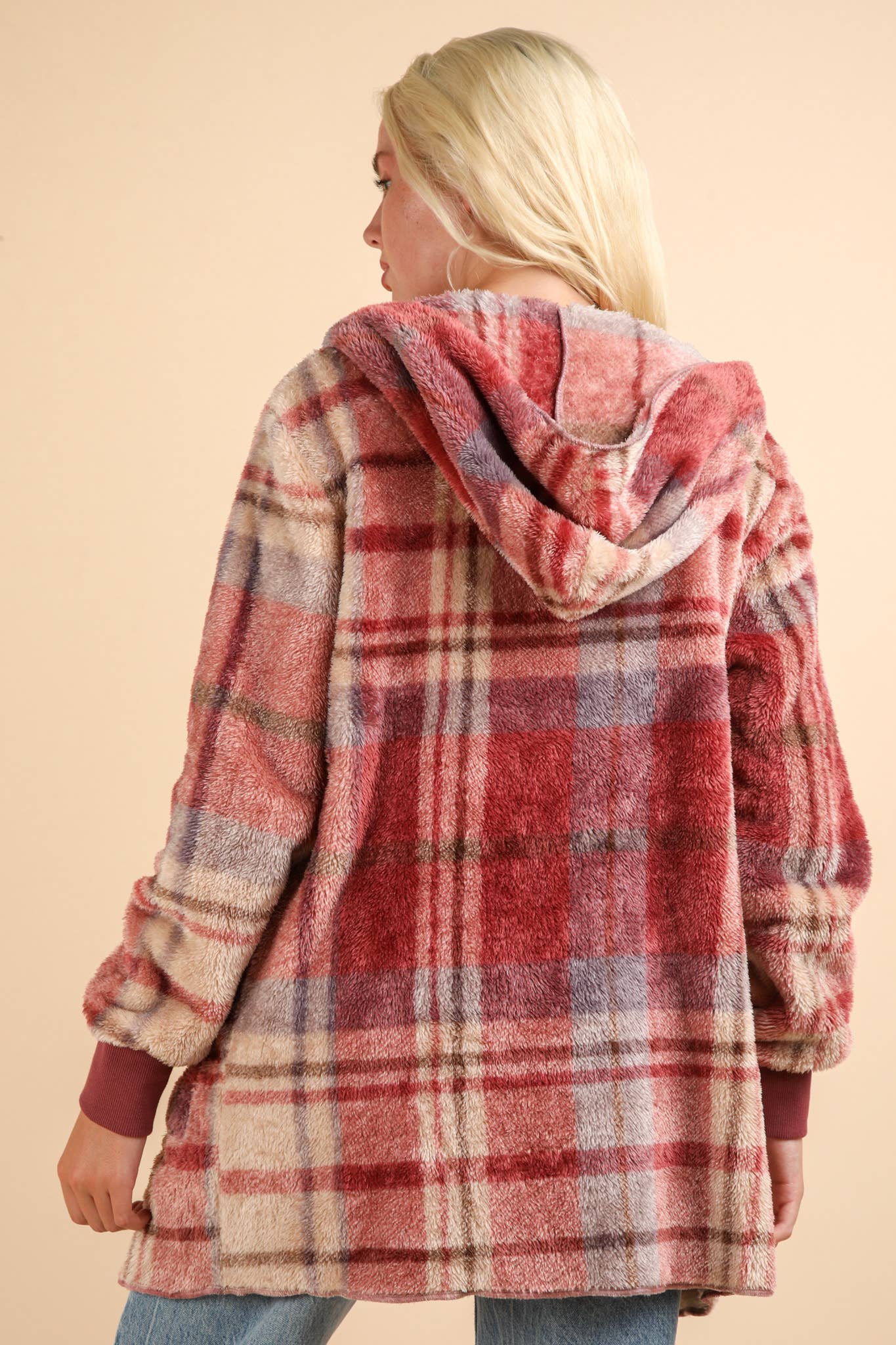 Oversized Faux Fur Tunic Hooded Printed Jacket