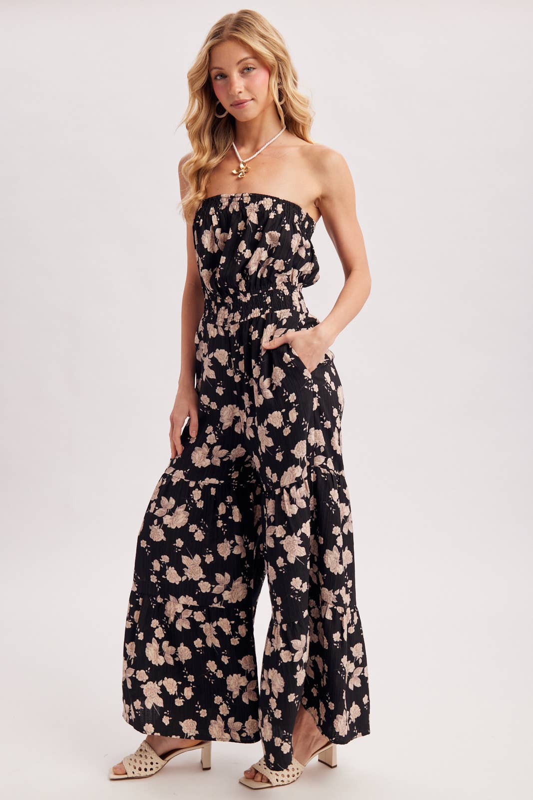 FLORAL PRINT SMOCKED TUBE TOP JUMPSUIT