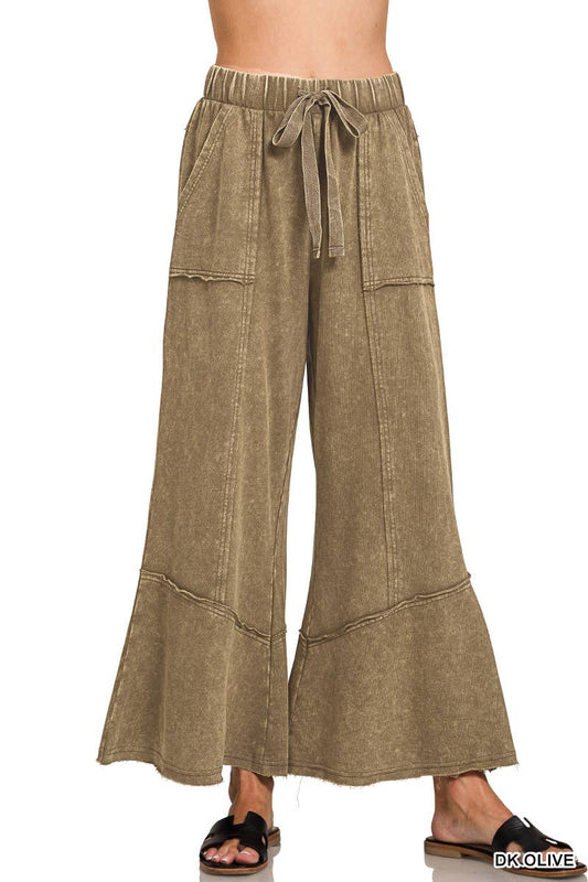 Acid Washed Flare Hem Pants With Pockets
