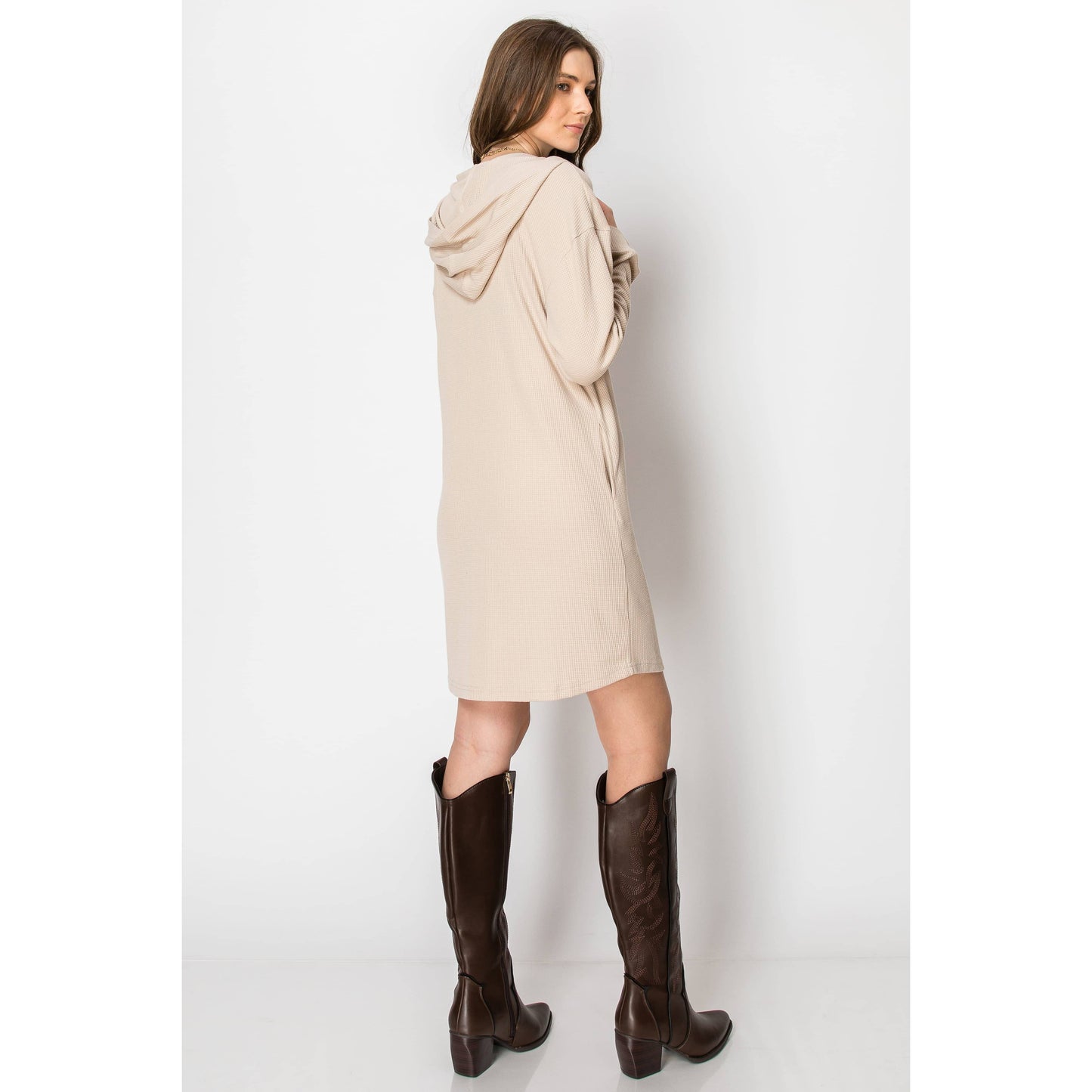 Waffle Knit Long Sleeve HOODIE DRESS With Pockets