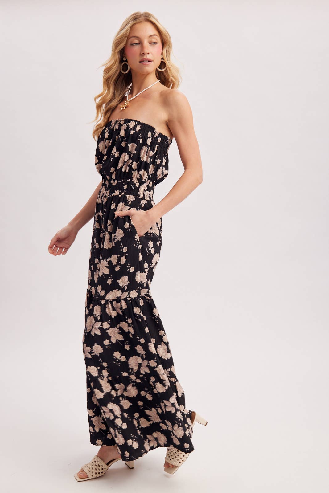 FLORAL PRINT SMOCKED TUBE TOP JUMPSUIT