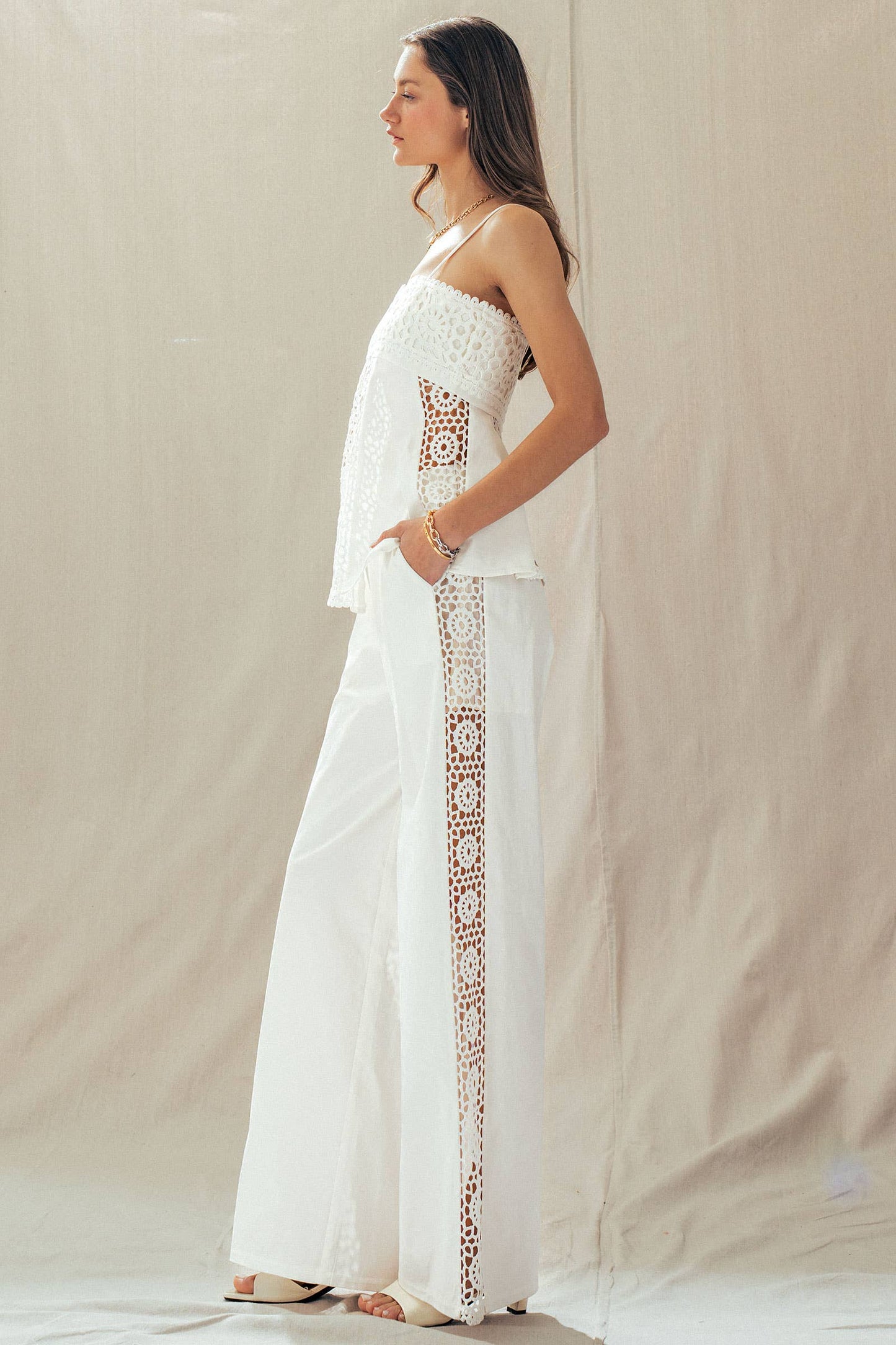 Cotton Eyelet Two-Piece Set Peplum Cami & Pants