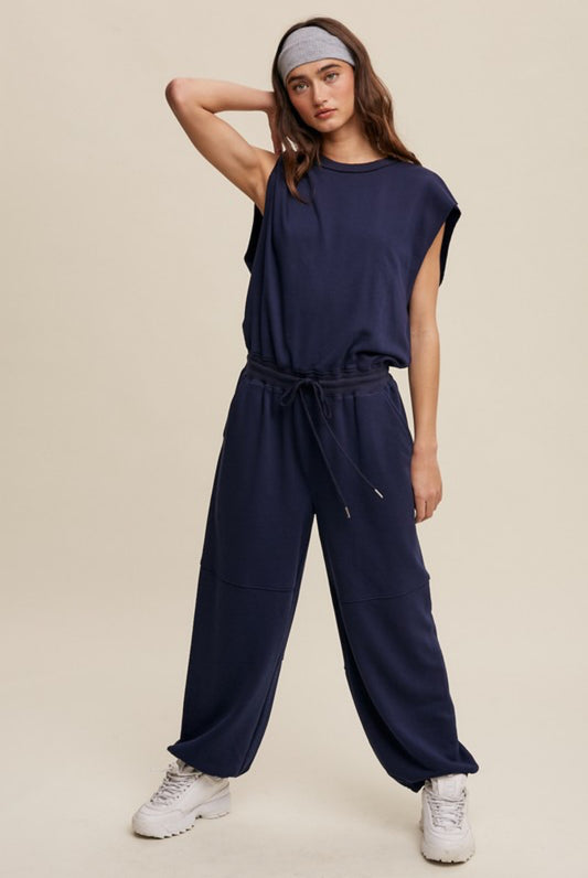 Athleisure French Terry Loose Tee Jogger Pants Jumpsuit