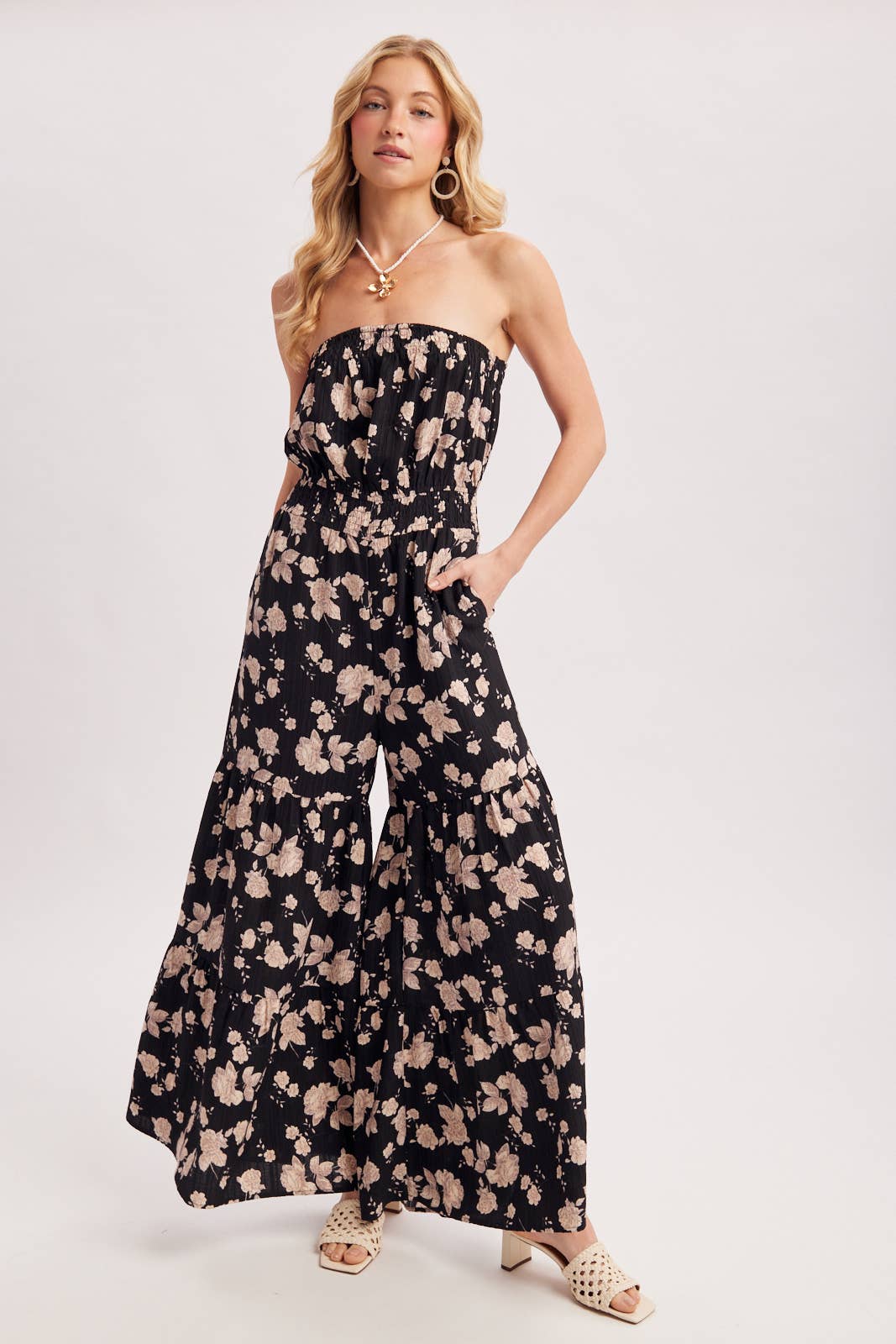 FLORAL PRINT SMOCKED TUBE TOP JUMPSUIT