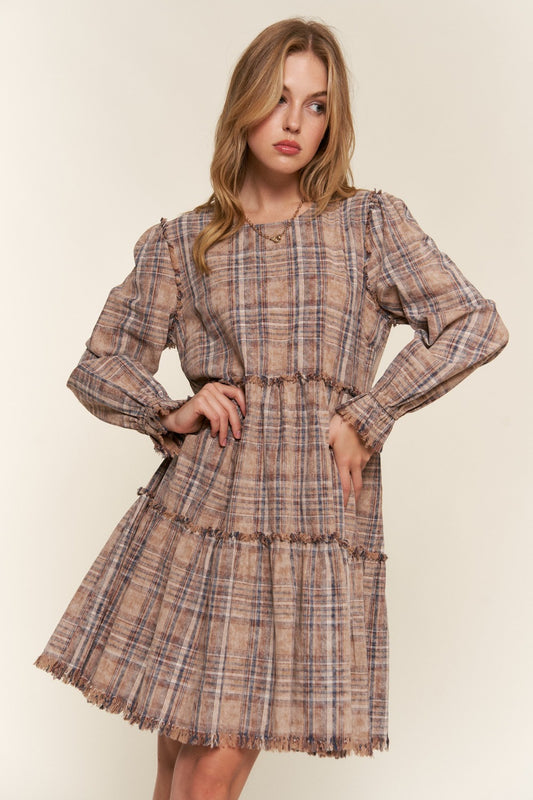 Frayed Tiered Plaid Dress