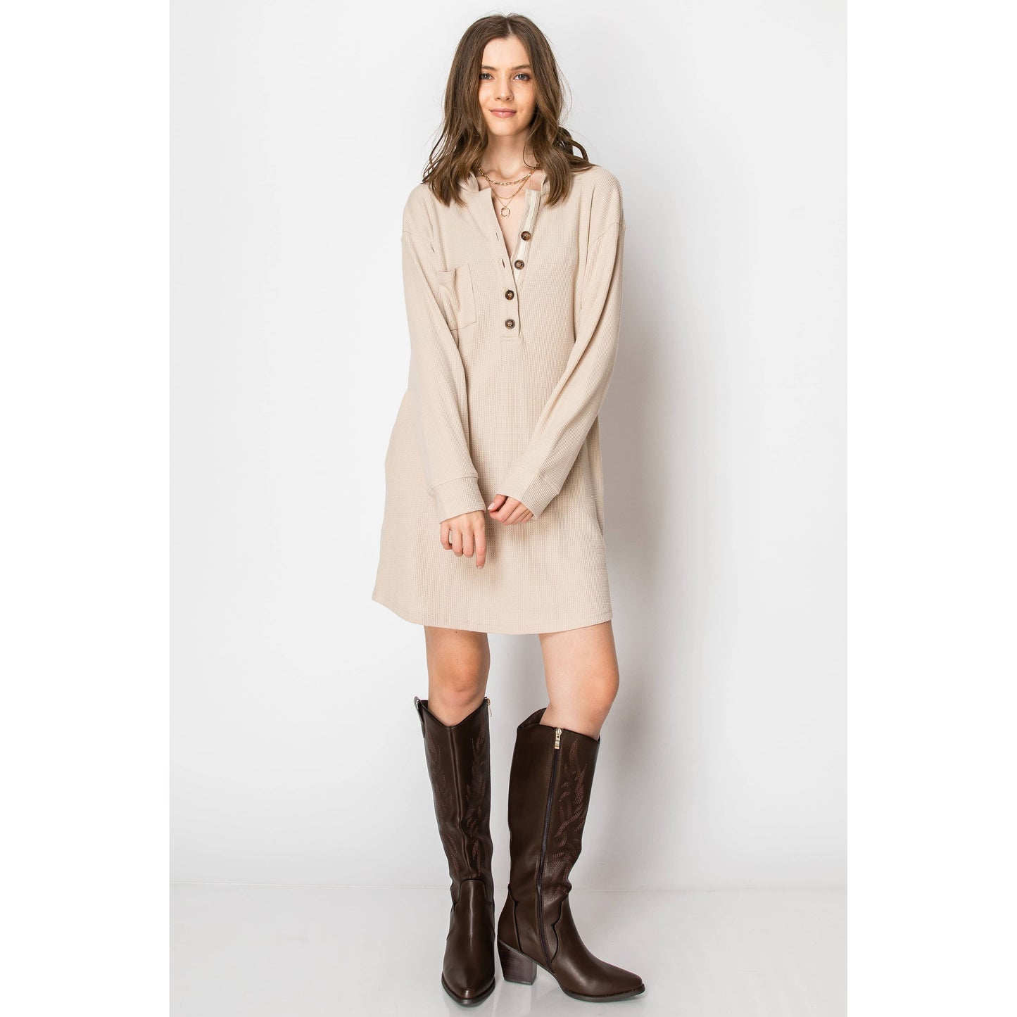 Waffle Knit Long Sleeve HOODIE DRESS With Pockets