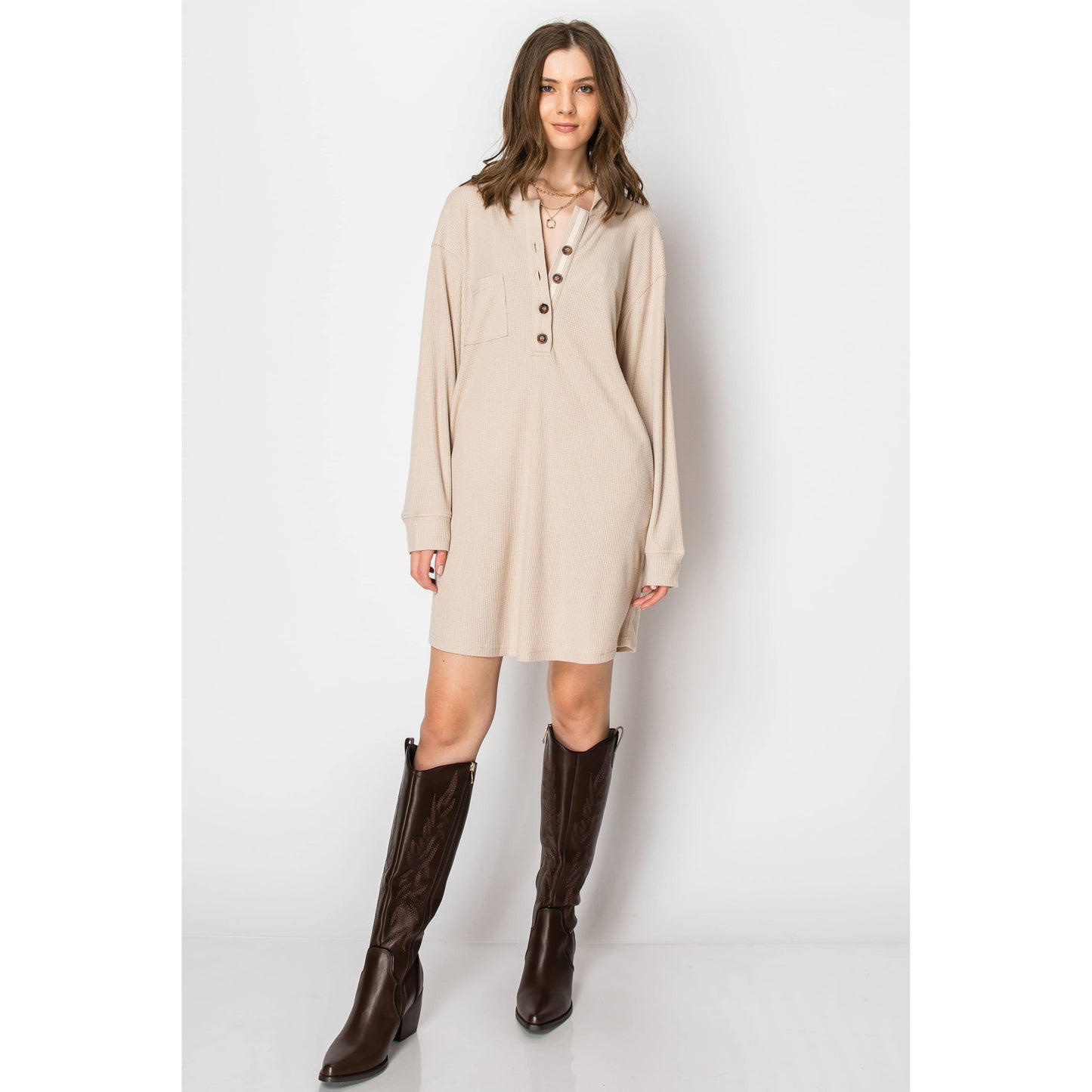 Waffle Knit Long Sleeve HOODIE DRESS With Pockets