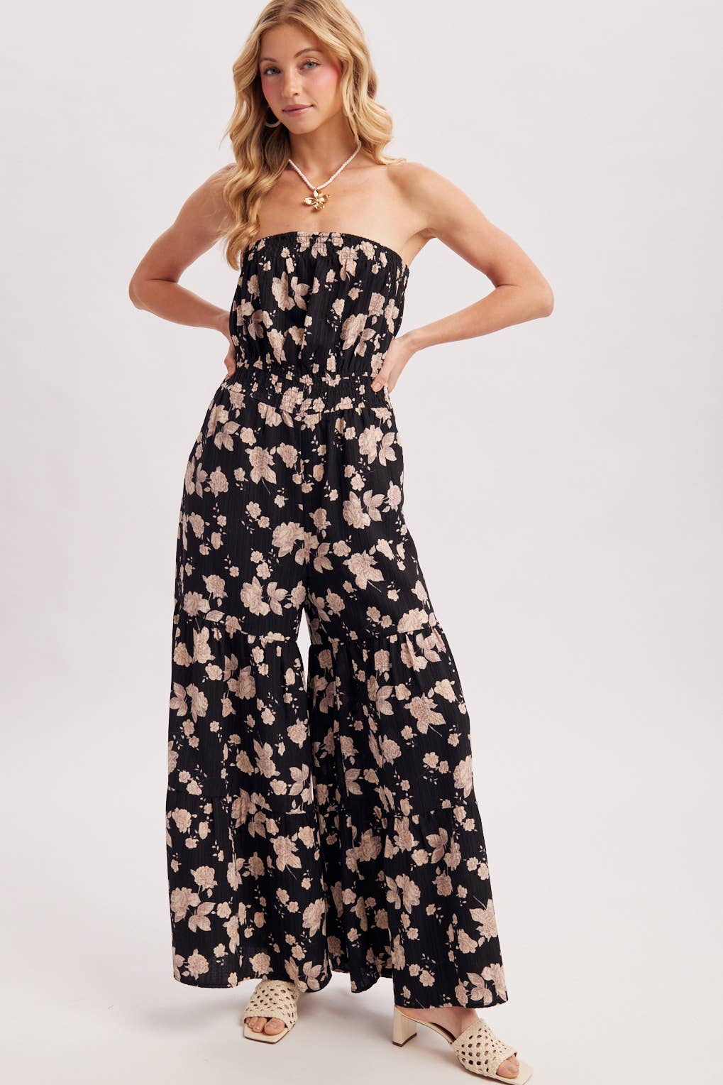 FLORAL PRINT SMOCKED TUBE TOP JUMPSUIT