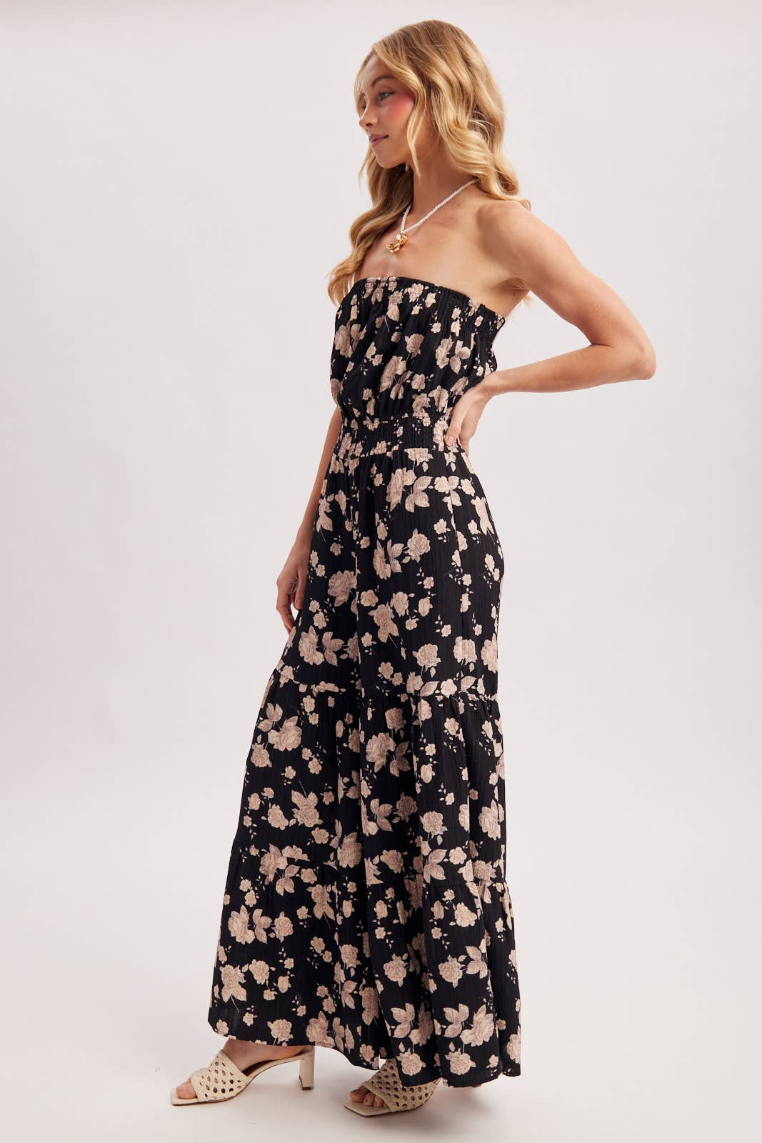 FLORAL PRINT SMOCKED TUBE TOP JUMPSUIT