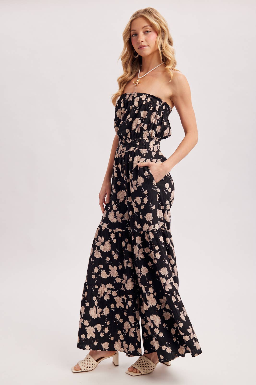 FLORAL PRINT SMOCKED TUBE TOP JUMPSUIT