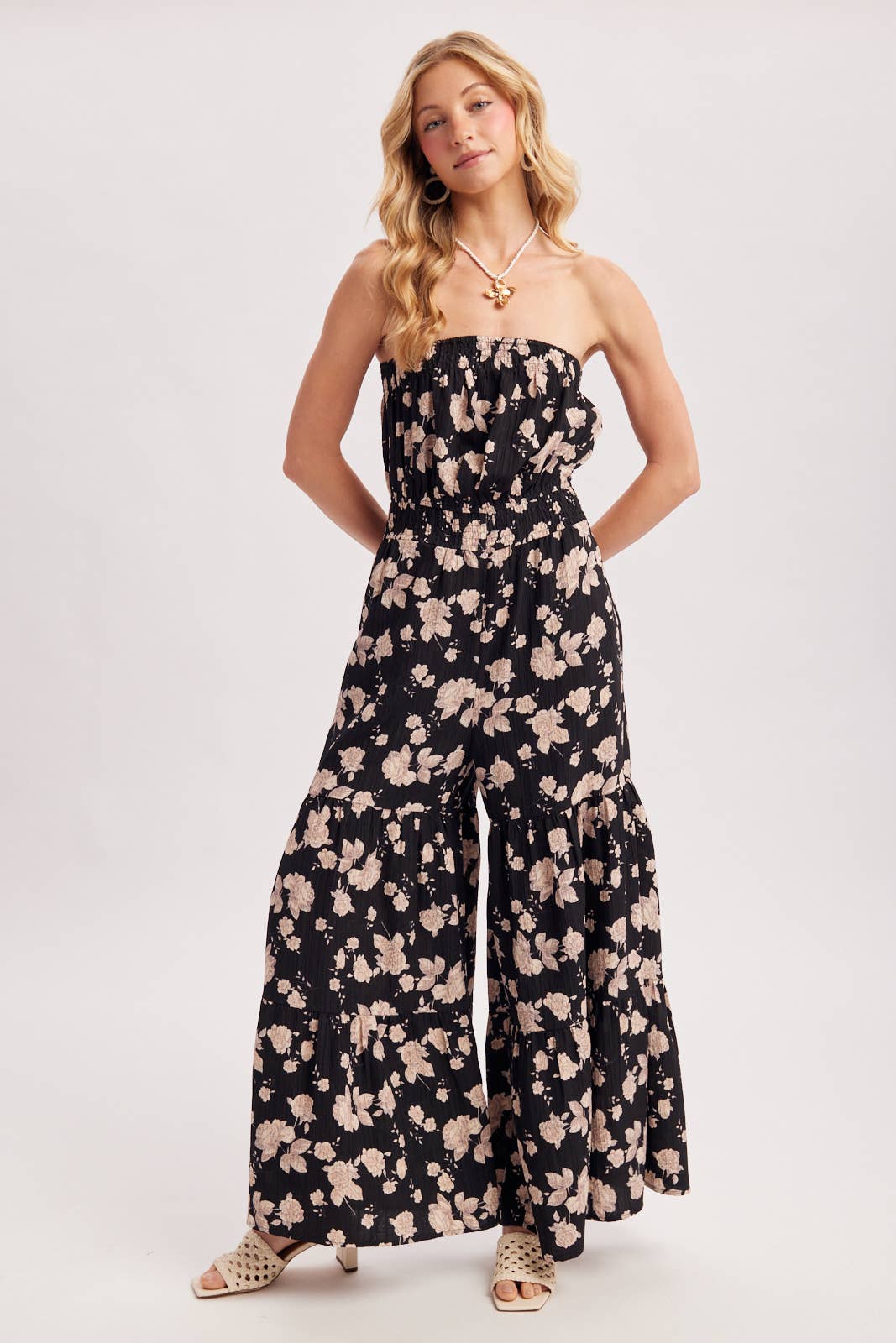 FLORAL PRINT SMOCKED TUBE TOP JUMPSUIT