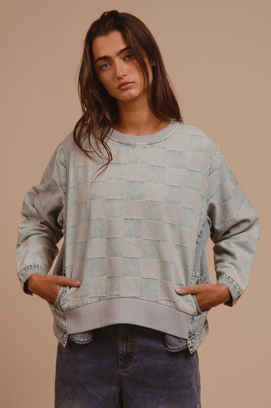 Mineral Washed Checkered Round Neck Denim Top