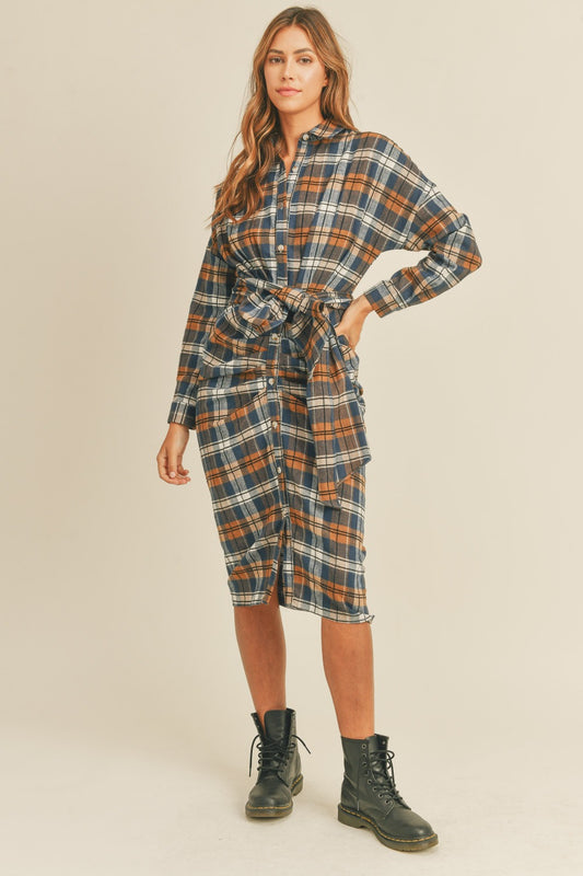 Flannel Front Tie Button Down Shirt Dress