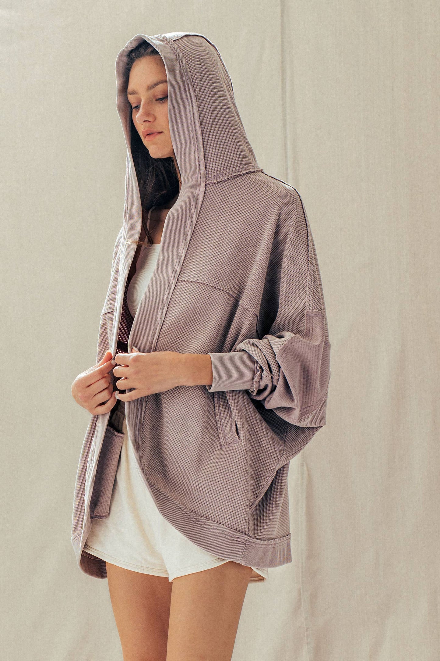 Washed Waffle Knit Hooded Cardigan